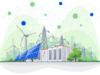 Im Vordergrund Solarzellen, Windräder und ein großes Umspannwerk mit Hochspannungsmasten. Im Hintergrund eine stilisierte Stadt mit Hochhäusern. Darüber ein Netzwerk aus Punkten und Linien, das die digitale Vernetzung symbolisiert. Farblich dominieren Blau-, Grün- und Grautöne.