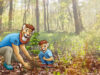 Illustration mit 2 der EWR Löwenmaskottchen vor dem Hintergrund eines Waldstücks